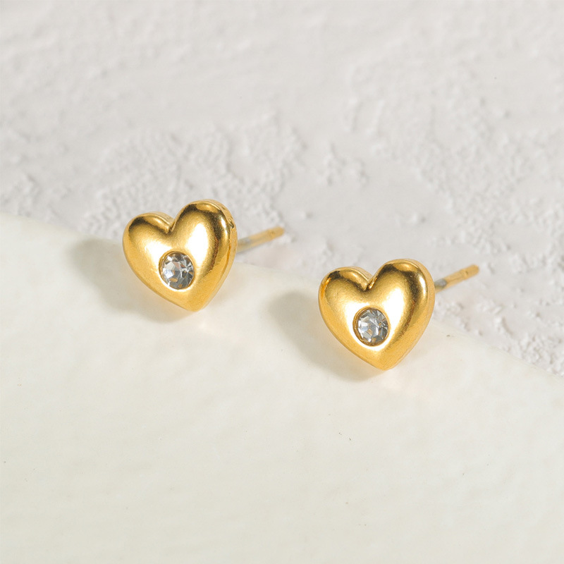 1 Pair Delicated Sweet Style  Heart Shape Stainless Steel  Gold Color Inlay Rhinestone Women's Stud Earrings 